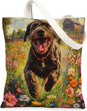 Generic Spring German Wirehaired Pointer Dog Canvas Tote Bag for Shopping 13x15, Country Garden Puppy Reusable Grocery Print Pattern Bag for Women, Fun Pet Be