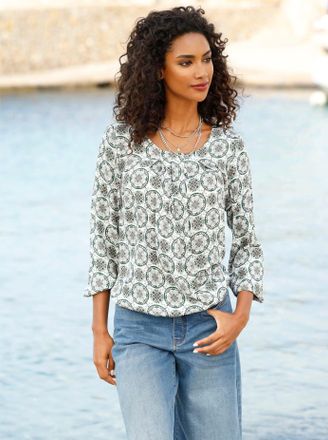 Heine Schlupfbluse HEINE, Damen, Gr. 34, khaki, sand, bedruckt, 100% Viskose, bedruckt, gebl&uuml;mt, gemustert, mehrfarbig, Rundhals, Blusen Schlupfbluse