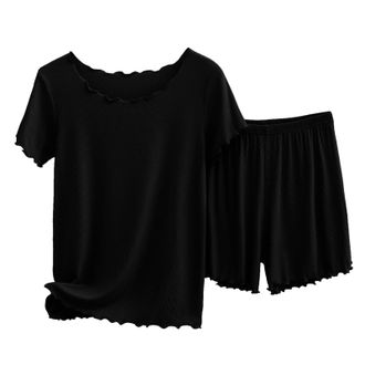 Generic Thin Cotton Ribbed Short Sleeved Shorts Set Womens Pajamas Can Be Worn Outside To Show Temperament Comfortable And Fashionable Home Service Pajamas fo
