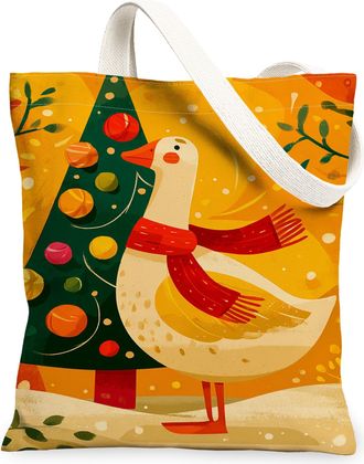 Generic Christmas Duck Canvas Tote Bags, Animal Tree Pattern Reusable Grocery Bags, Festive Vintage Lightweight Washable Shoulder S, Yellow, 13x15 Inch
