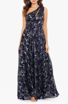 Betsy & Adam Galaxy Metallic One-Shoulder Gown in Navy/Gunmetal at Nordstrom Rack, Size 14