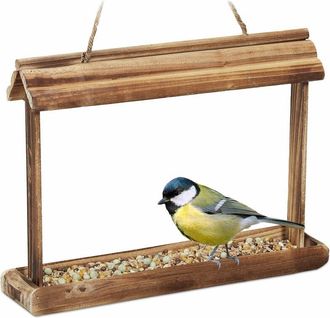 Relaxdays Mangiatoie per Uccelli, Casette in Legno Dispenser di Mangime da Esterno, Decorazione da Giardino, Marrone - Relaxdays