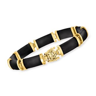 Ross-Simons Black Agate Good Fortune Bracelet in 18kt Gold Over Sterling