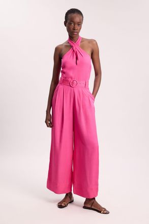 Karen Millen Womens Premium Viscose Linen Cross Front Halter Belted Woven Wide Leg Jumpsuit - Pink - Size 16 UK