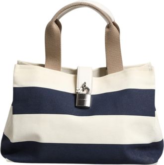 Dolce & Gabbana White Navy Striped Canvas Top Handle Tote Tote Womens Bag (Pre-Owned)