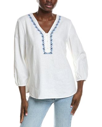 Jones New York Embroidered Linen-Blend Popover Blouse