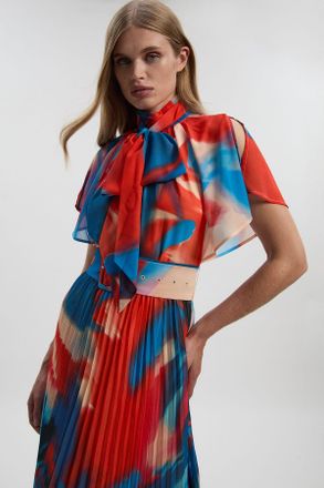 Karen Millen Womens Georgette Tie Neck Blur Print Woven Midi Dress - Multicolour - Size 10 UK