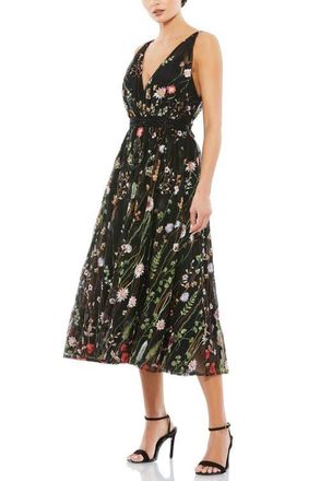 Mac Duggal Floral Embroidered Sleeveless Midi Dress in Black Multi at Nordstrom, Size 14