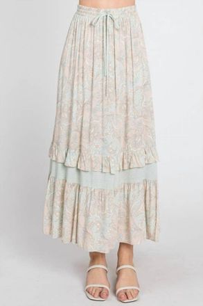 Calista Paisley Ruffle Maxi Skirt In Mint And Taupe