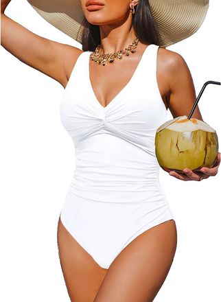 Holipick Women Tummy Control One Piece Swimsuit - Push Up Bathing Suit Full Coverage Slimming Swimwear, White, Large