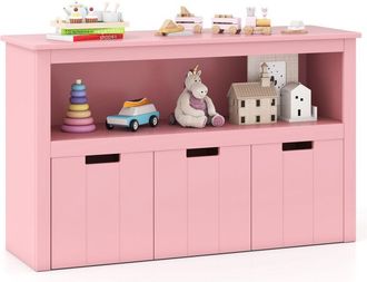Costway 3-Drawer Storage Cabinet Wood Kids Toy Storage Cube Shelves-Pink
