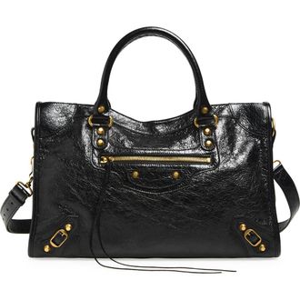 Balenciaga Medium Le City Crinkled Leather Tote in 1000 Black at Nordstrom