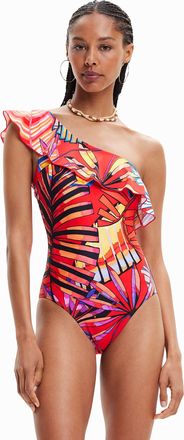 Desigual Medewi One Shoulder Frill Tropical Swimsuit 23SWMK12 Orange