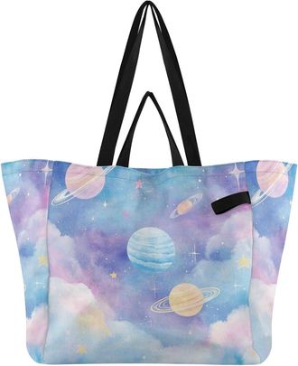 Generic Planet Blue Star pattern Reusable Canvas Tote Bag, Heavy Duty Grocery Shopping Bag with Hard Bottom Large Capacity Double Handles Work Groceries Trave