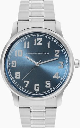French Connection Mens Connection Silver Case Round Shape Silver Strap Quartz Watch - Blue - Size: ONE size