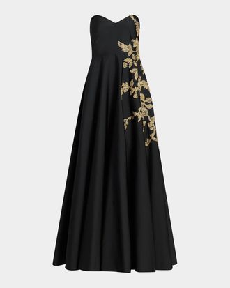 Pamella Roland Raffia Floral-Embroidered Faille Strapless Gown