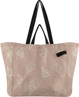 Generic Dessert Ice Cream Brown print Reusable Canvas Tote Bag, Heavy Duty Grocery Shopping Bag with Hard Bottom Double Handles Large Capacity Work Groceries 