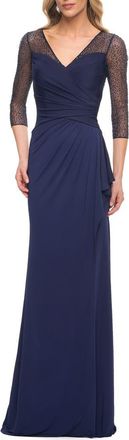 La Femme Jersey Long Dress with Beading and Ruffle Skirt in Navy at Nordstrom, Size 12