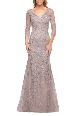 La Femme Stunning Lace Beaded Gown with Illusion Sleeves in Lavender/gray at Nordstrom, Size 12