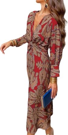 Generic Long Sleeve Boho Dress,Floral Print Retro V Neck Cocktail Party Beach Maxi Wedding Dresses for Women (Wine Red,2XL)