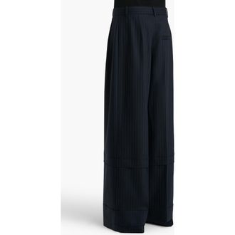 Khaite Linden Pinstripe Pleated Wide Leg Trousers in Navy /White at Nordstrom, Size 10