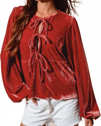 So Me Carmine Velvet Tie Front Peplum Blouse In Red