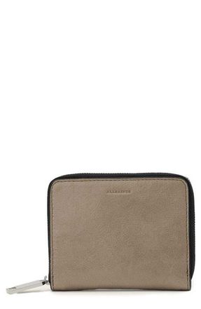 AllSaints Lena Hex Leather Zip Wallet in Pebble Grey at Nordstrom