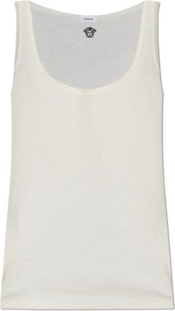 Versace Geborduurde Geribbelde Wollen Tanktop - Dames - Tops zonder mouwen - Beige - XS - Wol - Tops