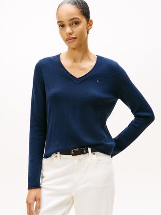 Tommy Hilfiger Strickpullover TOMMY HILFIGER SOFT WOOL V-NK SWEATER, Damen, Gr. M (38), blau (schwarz night navy), Strick, Obermaterial: 100% Wolle, unifarben, norma