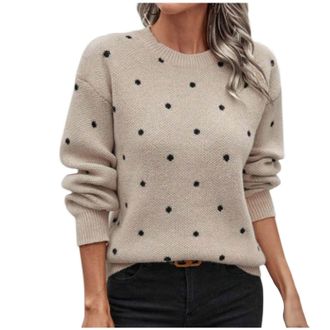 Generic Ladies Jumpers, Polka dots Printed Round Neck Pullovers Knitted Retro Jacquard Sweater Tops Autumn Winter Warm Jumpers for Women, Long Sleeve Pullover