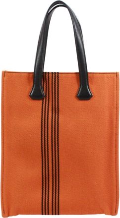 Herm&egrave;s Black Orange Leather Canvas Tote Bag (Pre-Owned)