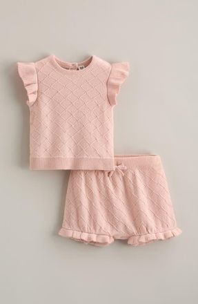 Nordstrom Flutter Sleeve Sweater & Bubble Shorts Set in Pink Lotus at Nordstrom, Size 12M