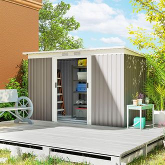 OUTSUNNY 9 x 4FT Outdoor Metal Frame Garden Storage Shed w/ 2 Door in Light Grey