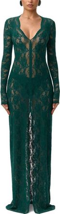 Naked Wardrobe Long Sleeve Button-Up Lace Maxi Dress in Pine Green at Nordstrom, Size X-Large
