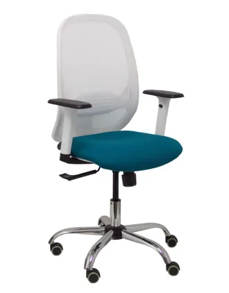 Piqueras y Crespo Silla Cilanco Blanca Malla Blanca Asiento Bali Verde Petr&oacute;leo Brazo Regulable Base Cromada Ruedas De Parqu&eacute;