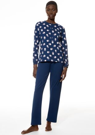 Mey Schlafanzug MEY Scribbled Dots, Damen, Gr. 42, blau (deep marine), Single Jersey, Obermaterial: 100% Baumwolle, lang, Rundhals, angesetztes B&uuml;ndchen, 