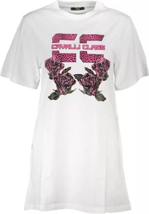 Cavalli Elegante witte katoenen dagjurk met print - Dames - Korte kleedjes - Wit - XL - Katoen - Kleedjes