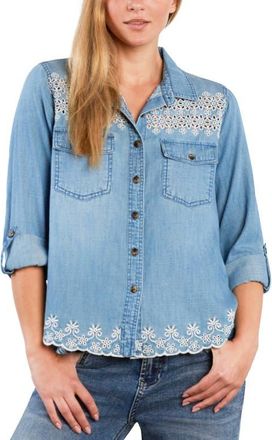 BILLY T Eyelet Butterfly Button-Up Shirt in Washed Denim at Nordstrom, Size X-Large