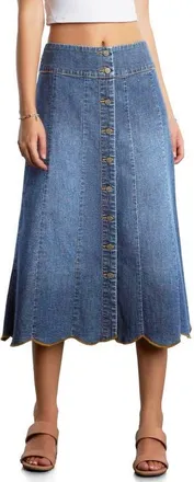 Wash Lab Denim Scallop Denim Midi Skirt in Shine Blue at Nordstrom, Size 29