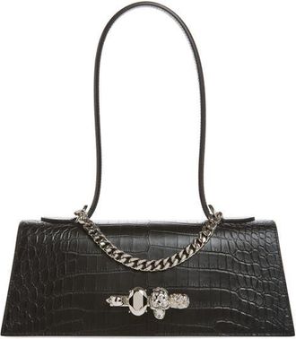 Alexander McQueen Jewelled Croc Embossed Top Handle Bag in Black/silver at Nordstrom