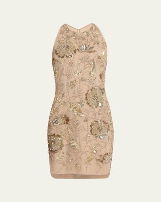 Aidan Mattox Floral Bead & Sequin Halter Mini Dress
