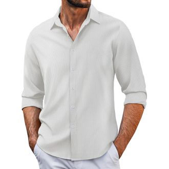 Generic DENGJIAMY Mens Waffle Button Down Long Sleeve Shirt Beach Vacation Casual Shirts Plain Textured Fall Tops Mens Outfits (White, XXL)