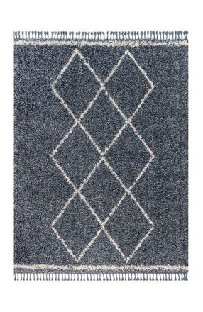 Jonathan Y Designs Mercer Shag Plush Tassel Moroccan Geometric Trellis Denim Area Rug in Denim Blue/cream at Nordstrom, Size 2Ft 0In X 8Ft 0In