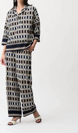 Joseph Ribkoff Geometric 3/4 Sleeves Top In Midnight Blue/vanilla
