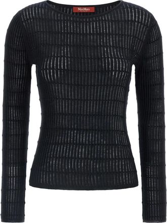 Max Mara Trui van wol en zijde met platte ribbels - Dames - Ronde hals truien - Blauw - L - Wol - Truien & Vesten