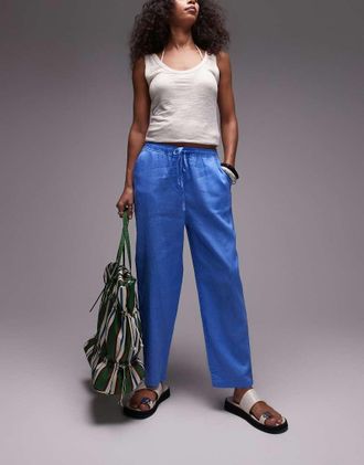 Mango tie waist linen pants in light blue