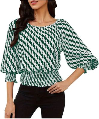 Generic 3/4 Lantern Sleeve Smocked Tops for Women UK Geometric Pattern Crop Top Shirts Ladies Shirred Waist Blouse Summer Fall Casual Office Work Colour Block