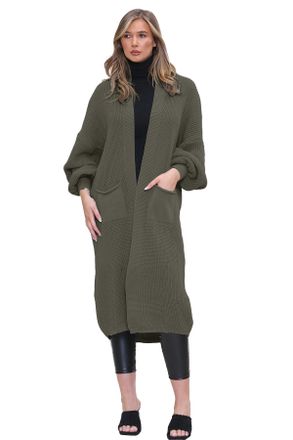 Generic Womens Knitted Balloon Sleeve Slouchy Boyfriend Cardigan, Ladies Maxi Knit Puff Sleeve Open Front Sweater Top with 2-Pocket (Khaki, One Size)