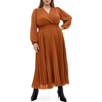 City Chic Sheer Finley Long Sleeve Chiffon Dress in Ginger at Nordstrom, Size Xxl