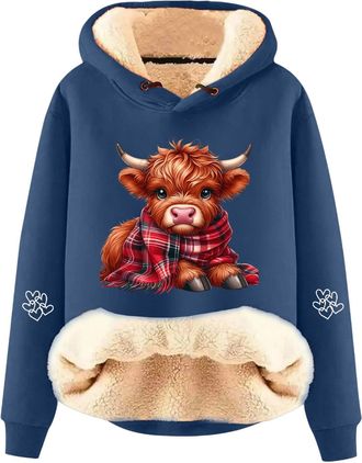 Generic Highland Cow Hooides Jumpers for Women Fleece Lined Sherpa Hoodie Cow Sweatshirt Trendy Drawstring Long Sleeve Pullover Highland Cows Gifts for Women 